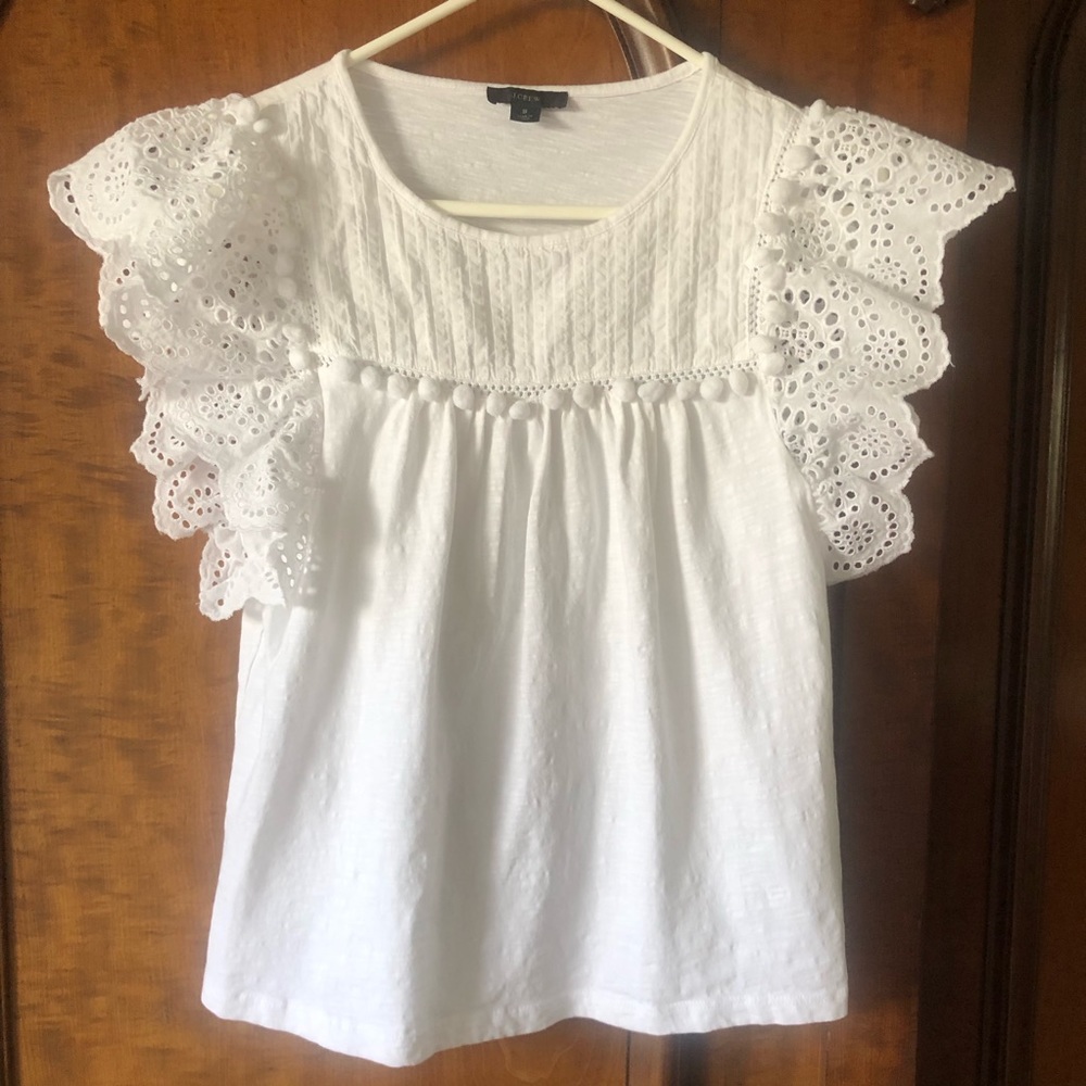 J. Crew White Eyelet & Pom Pom Top❗️
